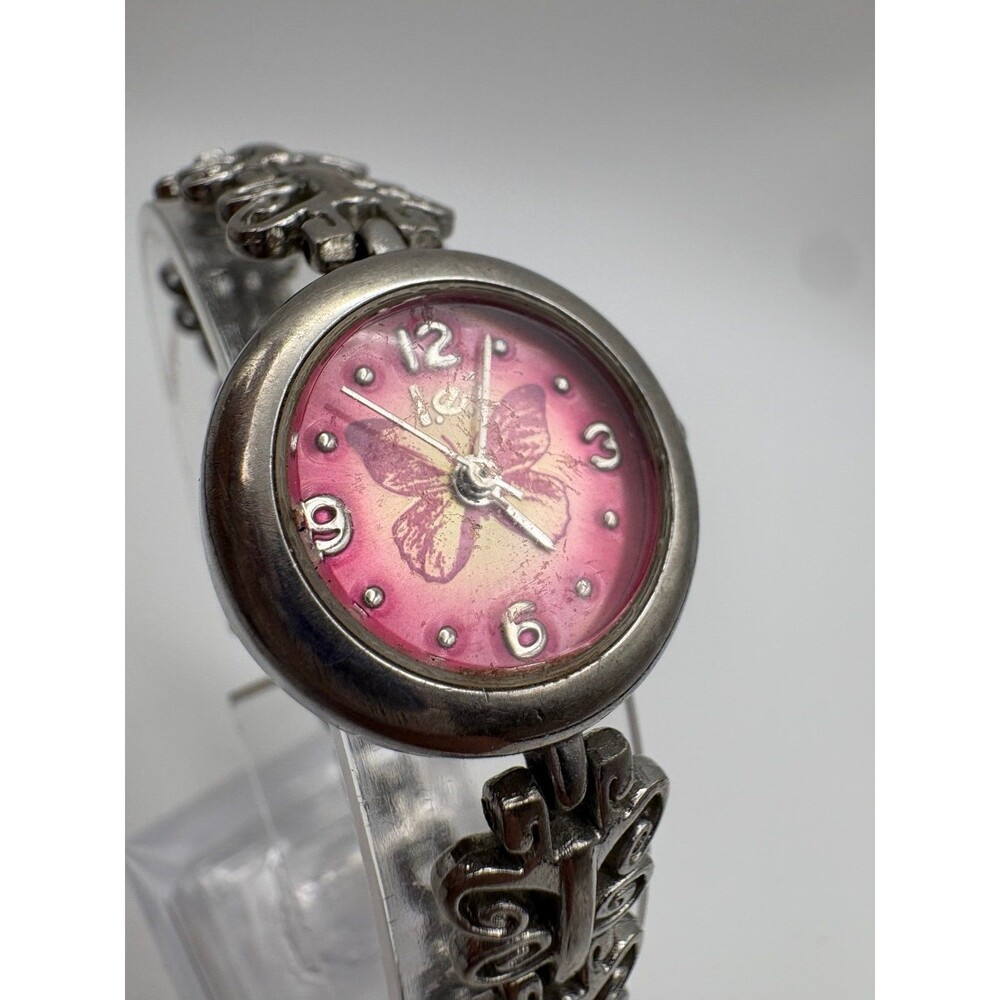 Vintage Y2K l.e.i. Butterfly Watch Pink Dial Silver Filigree Link LEIL 9425